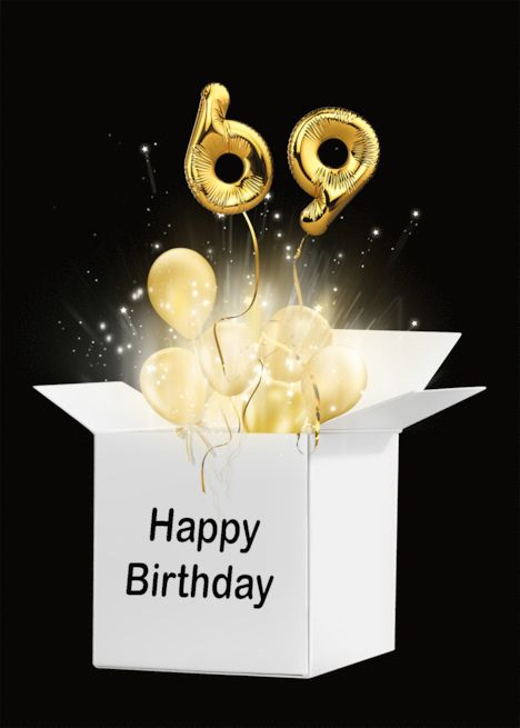 69th Birthday Gold Balloons and Stars Exploding Out of a White Box card Fashion Cards, 86 Birthday, 98th Birthday, 68 Birthday, 88th Birthday, 76th Birthday, 79th Birthday, 58th Birthday, 59 Birthday