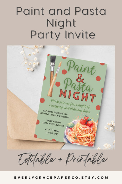 Would could be more fun than a night with your best friends- eating pasta and painting masterpieces? This invite is adorable and easy to edit! Paint Invitation, Painting Masterpieces, Friends Eating, Painted Invitations, Eating Pasta, Pasta Night, Sip N Paint, Painting Party, Party Invites