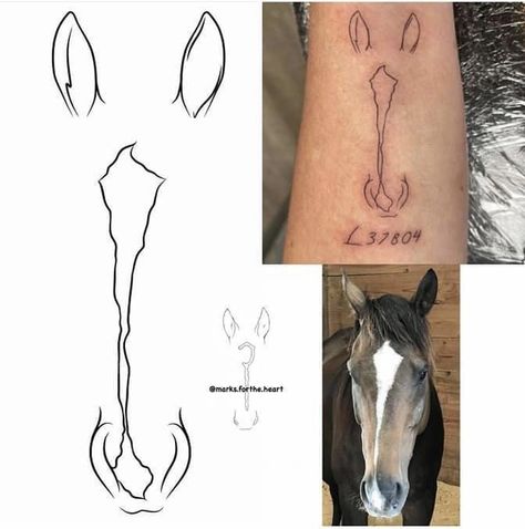 Ottb Horse Tattoo, Meaningful Horse Tattoos, Horse Head Tattoo Design, Angel Horse Tattoo, Horse Head Outline Tattoo, Horse Marking Tattoo, Hoof Tattoo, Horse Tattoo Simple, Horse Face Tattoo