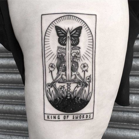 King of Swords tarot tattoo by Lozzy Bones inked on the right thigh Ace Of Cups Tattoo, Queen Of Swords Tattoo, King Of Swords Tarot, Swords Tattoo, Queen Of Swords, Ace Of Cups, King Of Cups, King Of Swords, Cup Tattoo