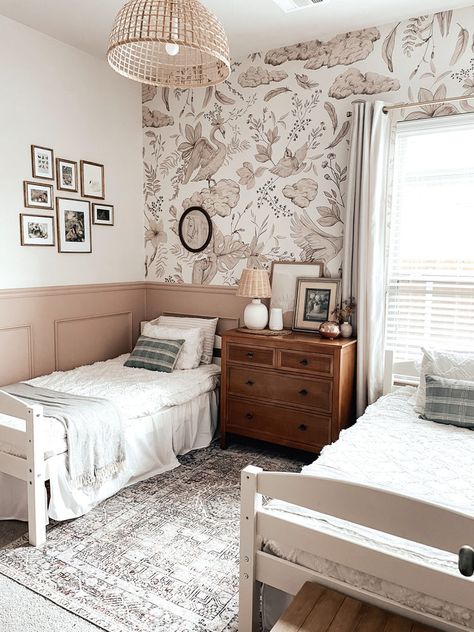 Twin Shared Room, Twin Bed And Full Bed Shared Room, Twin And Crib Shared Room, Boho Shared Girls Room, Two Twin Beds Girls Room, Sister Shared Bedroom Ideas Small Rooms, Small Bedroom For 2 Sisters, Shared Teen Girls Room, Shared Girls Room Ideas