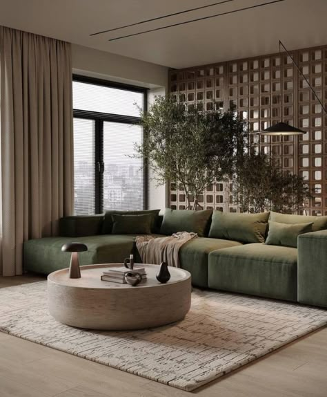 American Farmhouse Interior, Olive Living Room, Living Room Design Green, Olive Living Rooms, Green Couch Living Room, Green Sofa Living, Green Sofa Living Room, 3d Living Room, Japandi Living Room