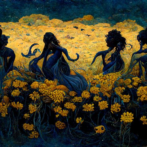 a field of yellow and brown flowers in a dark blue landscape with black skin mermaids wearing golden jewelry Dark Skinned Mermaid, Dark Blue Yellow Aesthetic, Dark Blue And Yellow Aesthetic, Dark Blue Landscape, Black Mermaid Aesthetic, Mermaid Yellow, Golden Mermaid, Medieval Aesthetic, Blue Landscape