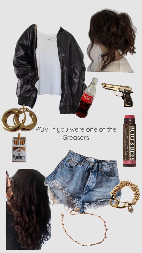 Outsiders #oufit #greasers #outsiders Soc Girl Outfit The Outsiders, Outsiders Halloween Costume, Greaser Outfit Girl, Outsiders Outfits Greaser Girl, 1950s Greaser Girl, Greaser Girl Aesthetic, 60s Greaser Aesthetic, Greaser Aesthetic Outfit, The Outsiders Outfit Ideas