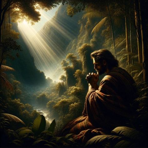 A vivid interpretation of Enos praying in the wilderness. The perfect inclusion in any come follow me, Sunday school, or family home evening lesson. Enos Praying, Family Home Evening Lessons, Mormon Art, Morning Prayer Quotes, Pictures Of Christ, Lds Art, Family Home Evening, The Book Of Mormon, Learning Science