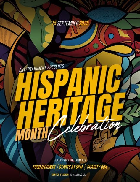 Colorful Illustrative Hispanic Heritage Month | PosterMyWall Hispanic Heritage Month Graphic Design, Event Poster Template, Kindle Book Cover, Campaign Posters, Nightclub Party, Blog Header, Hispanic Heritage Month, Facebook Event, Hispanic Heritage