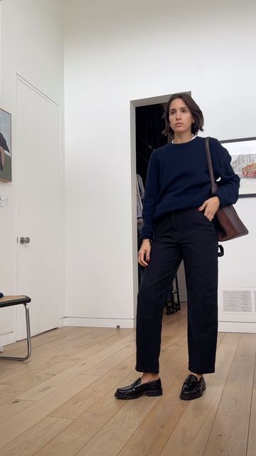 Cassandra Lanrick on Instagram: "Day 11/90 Sweater: @cosstores men’s Pants: @aritzia Shoes: @zara Bag: @jcrew #jcrew#cos#loafers#howtostyle#fallfashion#momstyle#over30style#getreadywithme#blackandnavy" Zara Loafers Outfit, Minimalist Winter Outfit, Zara Loafers, Minimalist Outfits, Minimalist Winter, Outfit Dinner, Zara Bag, Loafers Outfit, Work Fits