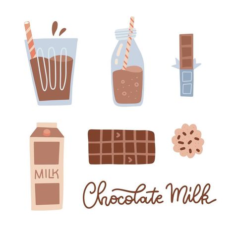 Set of chocolate milk, in glass bottle, cardboatd box, glass of milk with choko bar and cookie. Isolated flat hand drawn vector illustration. Chocolate Milk Drawing, Milk Drawing, Milk Art, Syrup Bottle, Milk Box, Glass Milk Bottles, Hand Drawn Vector Illustrations, Desert Art, Chocolate Syrup