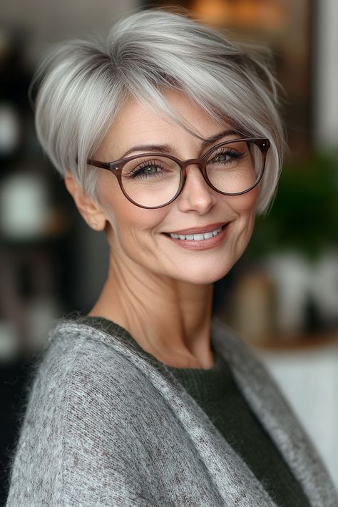 30. Side-Parted Crop in Soft Gray (Short Hairstyles For Women Over 60 With Glasses) - Short Hairstyles For Women Over 60 With Glasses Pearl Blonde, Layered Bob Short, Hairstyles For Women Over 60, Champagne Blonde, Perfect Hairstyle, Sandy Blonde, Silver Blonde, Buried Treasure, Short Curly Bob