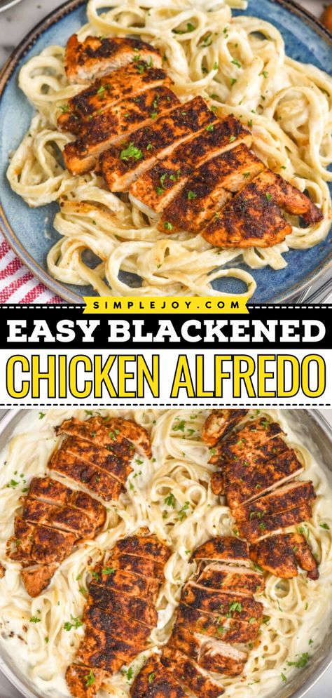 Looking for more simple chicken dinner recipes? Whip up this blackened chicken alfredo pasta! In less than 25 minutes, you can have an easy main dish for dinner combining fettuccine alfredo and blackened chicken that's made with cajun seasoning! Seasoning For Chicken Alfredo, Chicken For Alfredo How To Season, Easy Blackened Chicken Alfredo, Chicken Alfredo Chicken Seasoning, Blacken Chicken Alfredo, Blacken Chicken Pasta, Blacken Chicken Alfredo Recipe, Blackened Chicken Alfredo Recipe, Blackened Cajun Chicken Alfredo