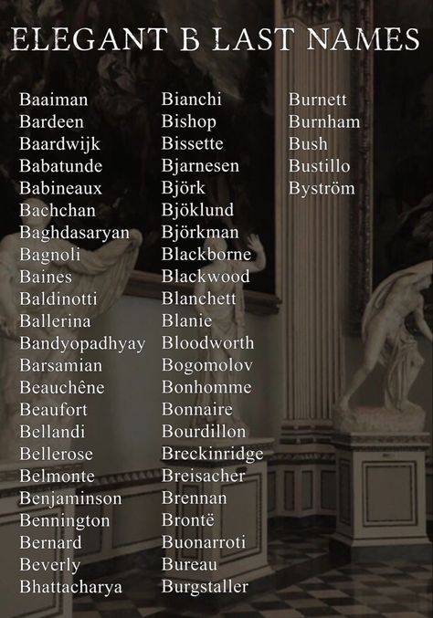 1800 Last Names, Regency Last Names, Elegant Surnames Ideas, Feminine Last Names, Posh Last Names, 1920 Names, Elegant Names With Meaning, Elegant Last Names For Characters, Dark Academia Surnames