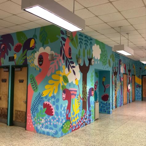 I designed this mural for an elementary school in Miami.

#muralart #femaleartist #mural #colorful #womenwhopaint Mural For School, Mural Colorful, Jungle Mural, School Painting, School Cafeteria, Mural Art, Elementary School, Female Artists, Rafting