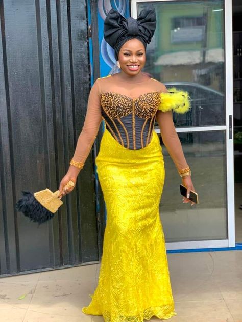 Yellow Asoebi Lace Styles, Yellow Lace Asoebi Styles, Lace Long Dress Styles, A Shape Gown Lace Aso Ebi, Asoebi Lace Styles For Wedding, Lace Styles Nigerian, Long Dress Styles, Lace Asoebi Styles, Asoebi Lace Styles