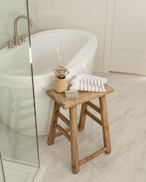 Our favourite thing to do is to show you how to add our pieces to make your home a calming oasis! 🧘🧘‍♀️🧘🏽‍♂️ Small Stool In Bathroom, Bathtub Side Table Ideas, Bathroom Stool Styling, Stool In Bathroom Decor, Bath Stool Styling, Diy Bathroom Bench, Bathroom Stool Ideas, Bathroom Stools Decor, Stool Decor