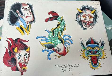 Vintage Japanese Tattoo Flash, Picture Machine Flash, Picture Machine Tattoo Flash, Vintage Japanese Tattoo, Japanese Tattoo Flash, Traditional Tattoo Flash Art, Vintage Tattoo Design, Tattoo Reference, Machine Tattoo