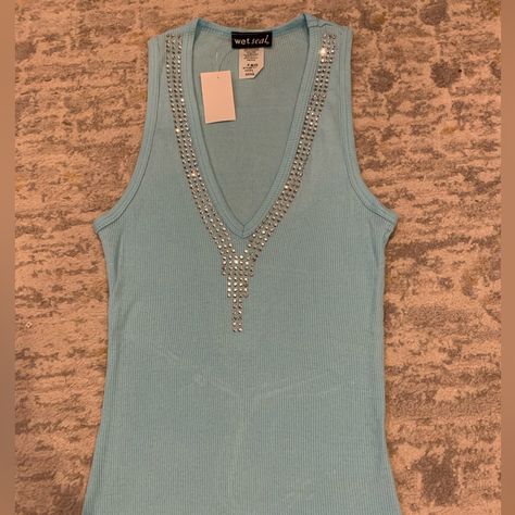 Rhinestones Down V-Neck Blue V, Wet Seal, Color Blue, Light Blue, V Neck, Women Shopping, Blue, Color