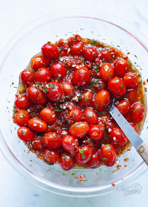 Cherry Tomato Marinated, Marinated Grape Tomatoes, Balsamic Marinated Cherry Tomatoes, Marinated Cherry Tomatoes Recipe, Tomato Marinade, Marinated Tomato Salad, Marinated Cherry Tomatoes, Canned Tomato Recipes, Side Veggies