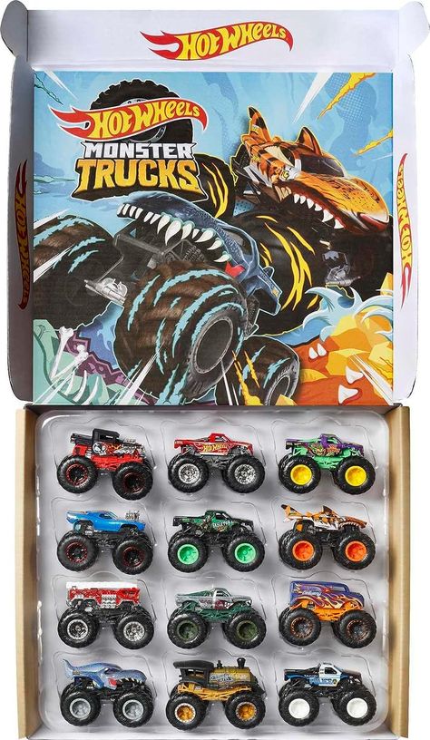 Monster Truck 12-packs are perfect for mega crashing and smashing right out of the box. Revs up storytelling and imaginative play with 12 original monster trucks featuring big wheels and huge tires. Each truck stats that capture their personality with name, type, strength, unique crash attack and motor-vation for great storytelling fun. The 1:64 scale is perfect for taking the mission of ultimate chaos anywhere. Jumpstart their collection with 12 hand selected models in one bundle. Big Monster Trucks, Toy Race Cars, Race Car Track, Monster Truck Toys, Big Monster, Original Monster, Big Wheels, Mattel Hot Wheels, Toy Trucks