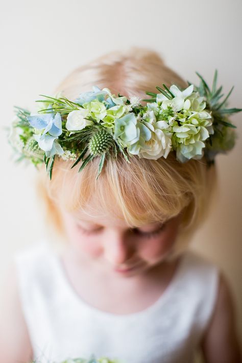 Fresh Fun Relaxed Blue & Green Wedding Flower Girl Flower Crown Garland http://www.katherineashdown.co.uk/ Blue Green Wedding, Flower Head Wreaths, Bridal Wedding Flowers, Flower Girl Headpiece, Floral Crown Wedding, Green Wedding Flowers, Wedding Whimsical, Flower Crown Hairstyle, Flower Girl Crown