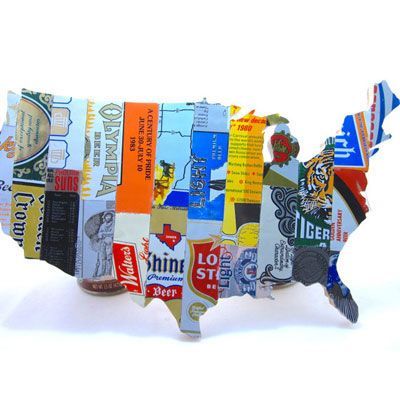 Beer Can Map Beer Box Crafts, Beer Artwork, Beer Can Art, Beer Crafts, Shelter House, Map Collage, Making Beer, Soda Can Crafts, Beer Box