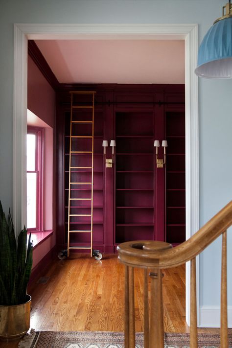 Rasberry Wall Paint, Deep Pink Walls, Raspberry Interior Design, Jewel Paint Colors, Studio Paint Color Ideas, Raspberry Paint Color, Moody Bookshelves, Fuschia Room, Bookshelf Color Ideas Paint