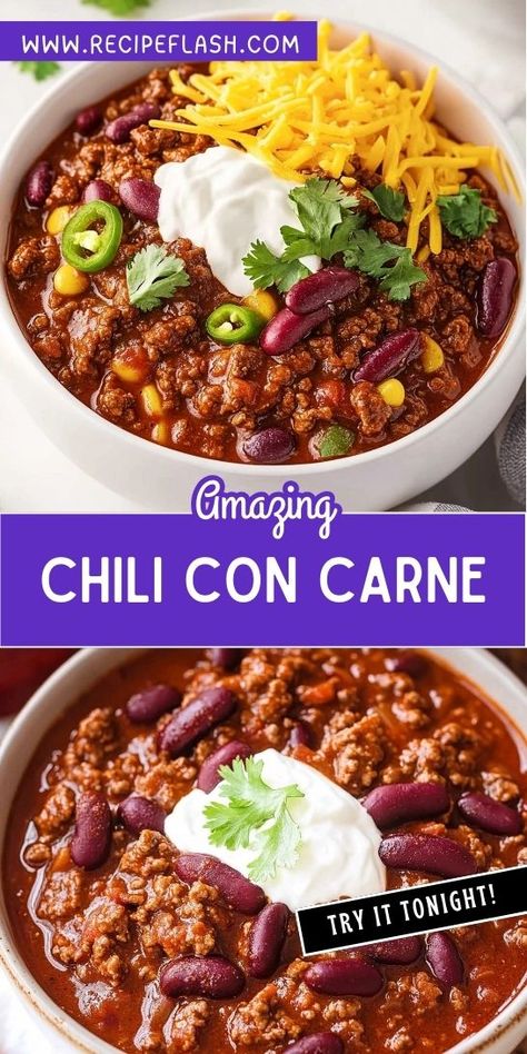 Want to spice up your dinner routine with a classic favorite? This Chili Con Carne Recipe is the ultimate dish for chili lovers, combining savory flavors and wholesome ingredients. Don’t forget to save this recipe for a night when you need a quick, satisfying meal! Chili Carne, Beef Spices, Homemade Chili Sauce, Chili Con Carne Recipe, Carne Recipe, Steak Chili, Chili Casserole, Con Carne Recipe, Best Chili