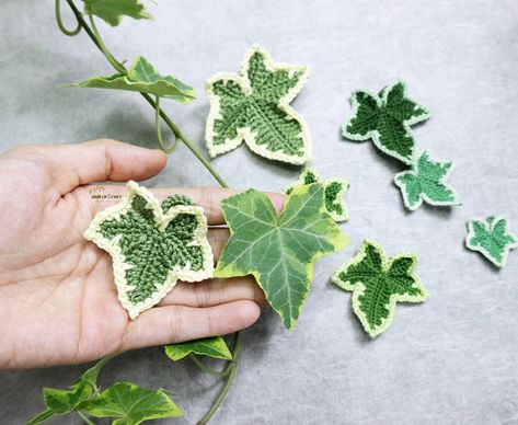 Ravelry: Variegated ivy leaves by Lala Nguyen Crochet Ivy Garland, Crochet Ivy Leaf, Crochet Leaves Free Pattern, Crochet Ivy, Goth Crochet, Variegated Ivy, Crochet Plants, Crochet Leaf, Material Ideas