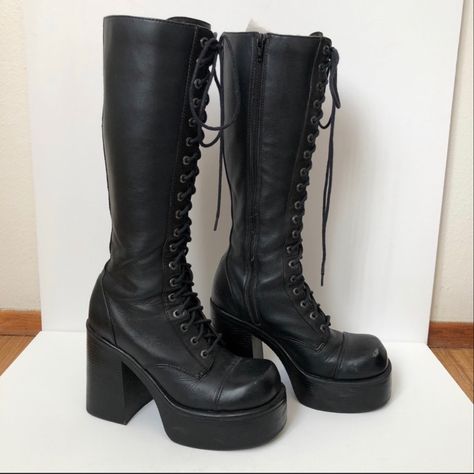 gothic lace up 90s black platform boots Boots Demonia, 90s Shoes, Demonia Boots, Gothic Lace, Goth Shoes, Goth Boots, Cute Heels, Swag Shoes, Pretty Shoes