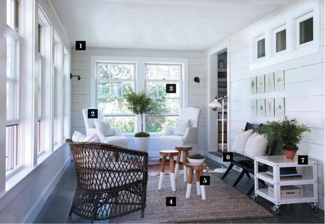 It’s a sunroom and a laundry room - The Boston Globe Sunroom With Storage, Mudroom Sunroom, Coastal Mudroom, Laundry Interior, White Slipcovered Chair, Shiplap Paneling, Walnut Stools, Porch Remodel, Sunroom Decorating