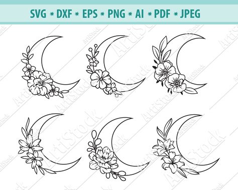 Floral Moon Design, Half Moon Tattoo With Flowers, Moon Flower Tattoo Designs, Floral Moon Tattoo, Moon Flower Tattoo, Libra Flower, Moon With Flowers, Half Moon Tattoo, Moth Tattoo Design