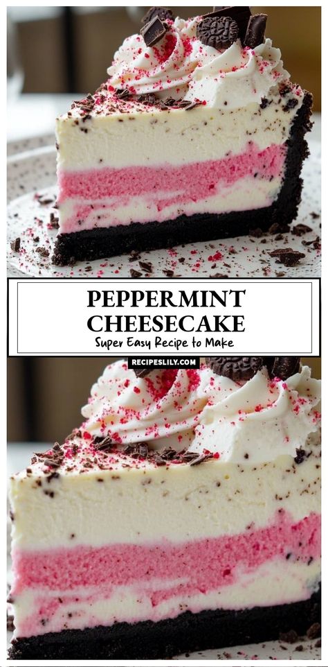 I couldn’t resist sharing this delightful peppermint cheesecake! With its vibrant layers of creamy goodness and an Oreo crust, it's a holiday treat that everyone will love. So easy to make, this recipe is perfect for gatherings or a special dessert at home. Trust me, each bite is a festive burst of flavor! Peppermint Swirl Cheesecake, Peppermint Christmas Deserts, Easy Peppermint Cheesecake, Oreo Peppermint Cheesecake, Peppermint Oreo Cheesecake, Peppermint Cheesecake Recipes, Cheesecake Peppermint, White Chocolate Peppermint Cheesecake, Peppermint Cheesecake Bars