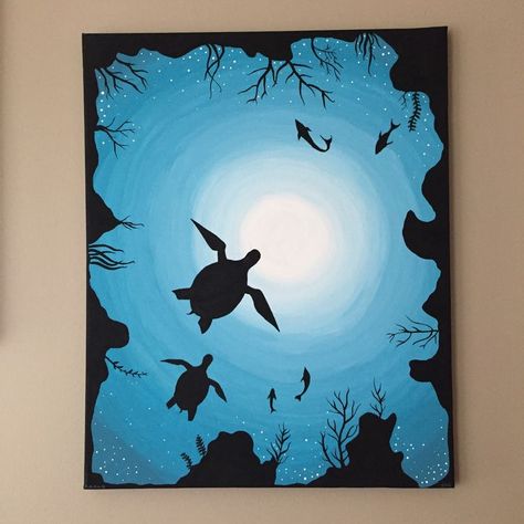 Monochromatic Painting Ideas Simple, Painting Ideas Shadow, Monochromatic Blue Painting, Ocean World Art, Easy Monochromatic Painting, Silloute Painting, Monochromatic Drawing Ideas, Silouttes Art Painting, Silluet Paintings