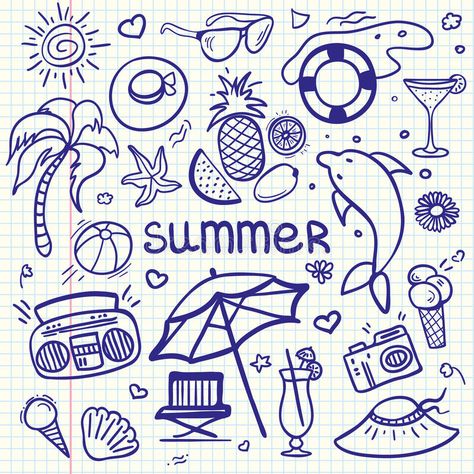 Summer Objects Drawings, Summer Symbols Drawing, Summer Doodle Art, Summer Drawings Doodles, Sketchy Line Art, Object Doodles, Cartoon Symbols, Summer Symbols, Summer Objects