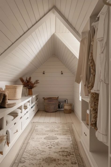 Looking to maximize your attic space with style? Check out these fabulous attic closet ideas designed specifically for slanted ceilings! Whether you're dealing with angles or just want to get organized, we've got solutions that fit perfectly. From open shelving to stylish storage ideas, these designs will not only help you find a place for everything but also add a touch of flair to your home. Transform those tricky corners into functional delights! You won't believe how much you can save with these clever tips. Let's make the most of your attic! Beadboard Ceiling Attic, Sloped Roof Closet, Small Attic Space Ideas Low Ceilings, Pitched Roof Attic Bedroom, Attic Ceiling Ideas, Low Attic Bedroom Ideas, Attic Closet Ideas Angled Ceilings, Finish Attic, Corner Closet Ideas