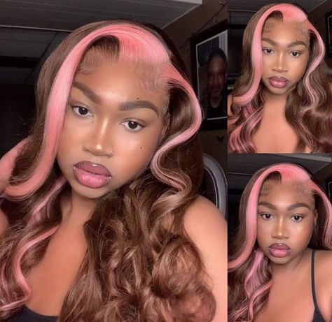 Brown Skunk Stripe, Brown And Pink Hair, Body Wave Frontal, Skunk Stripe, Hair Patterns, Hair Color Pink, Colored Wigs, Lace Body, Brown Wig