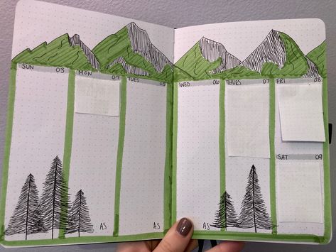 Mountain theme bullet journal Bujo Mountains, Borders Bullet Journal, Bullet Journal Week, April Bullet Journal, Bulletin Journal, Copic Marker Art, Front Page Design, Copic Marker, Forest Theme