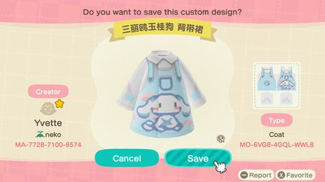 Cinnamoroll Jacket, Acnh Custom Designs, Kidcore Clothing, Sanrio Outfits, Sanrio Clothes, Animal Crossing Qr Codes Clothes, Animal Crossing Wild World, Animal Crossing Characters, Fairy Clothes