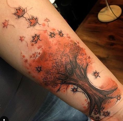 Stories Tattoo, Maple Tree Tattoos, Fall Leaves Tattoo, Pumpkin Tattoo, Autumn Tattoo, Men Tattoos Arm Sleeve, Watercolor Tattoos, Watch Tattoos, Tattoo Style Drawings