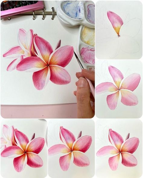 Watercolor Painting Online Coach on Instagram: "New tutorial in the making 🤩 Plumeria flower 🌸 Calmer and longer painting process after few sketchbook pages ❤️ Why playing around with easier and looser painting is helping realistic painting technique: 🌸Loosening up to get freer brushwork 🌸Playing around with watercolors with different painting styles can help find your style 🌸Faster results will boost dopamine which later can give you greater concentration level 🤩🤩🤩 Are you trying different painting styles and approaches? 🥰" Plumeria Watercolor Painting, Frangipani Flower Painting, Plumeria Flowers Painting, Realistic Flower Painting, Plumeria Painting, Different Painting Styles, Plumeria Watercolor, Boost Dopamine, Flower Plumeria