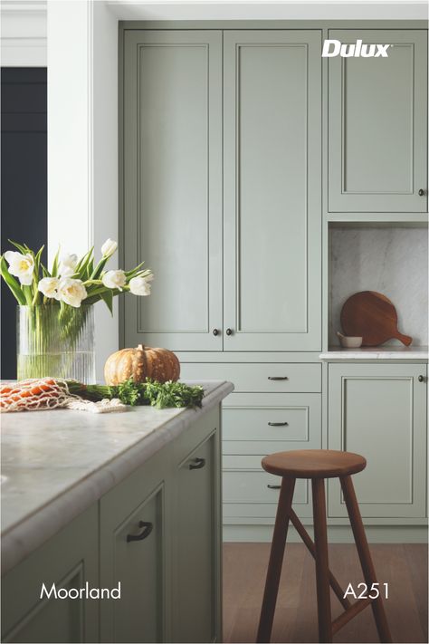 Dulux Moorland Kitchen, Dulux Green Kitchen Cabinets, Dulux Renovation Kitchen, Dulux Spanish Olive Kitchen, Row Home Kitchen Remodel, Dulux Green Colour Palette, Dulux Green Kitchen, Dulux Kitchen Cabinets Paint Colors, Dulux Moorland