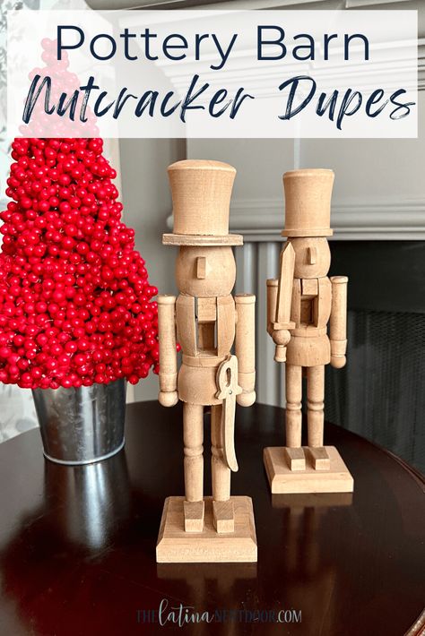 Stained Nutcracker, Wood Nutcracker Diy, Farmhouse Nutcracker, Pottery Barn Christmas Decor Inspiration, How To Display Nutcracker Collection, Dollar Tree Nutcracker Diy, Diy Pottery Barn Decor, Christmas Candleholders, Diy Nutcracker