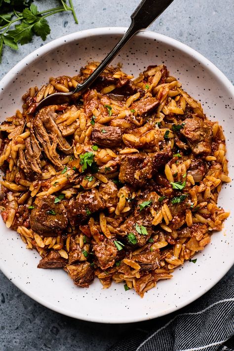 Lamb Youvetsi Recipe, Manestra Recipe, Lamb Orzo, Greek Meals, Fusion Desserts, Lamb Pasta, Tiny Pasta, Braised Lamb, Lamb Dishes