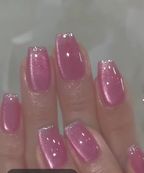 Pink Shimmer Acrylic Nails, Cute Simple Pink Nail Designs, 2000 Y2k Nails, Short Nail Y2k, Classy Clean Nails, Pink And Purple Glitter Nails, Pink Jelly Nails Designs, Ethereal Nail Art, Light Pink Glitter Nails Acrylic