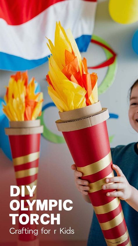 Create a memorable Olympic experience at home with this DIY Olympic Torch craft! Follow our detailed instructions and watch as your children craft their own torches, sparking joy and excitement for the games. Ideal for school projects or summer activities. #OlympicsForKids #CraftTime #DIYKids Olympic Ideas For Classroom, How To Make An Olympic Torch, Diy Olympic Podium, Olympic Torch Craft For Kids, Olympic Arts And Crafts For Kids, Olympic Torch Diy, Olympic Decorations Diy, Torch Craft For Kids, Diy Olympic Torch