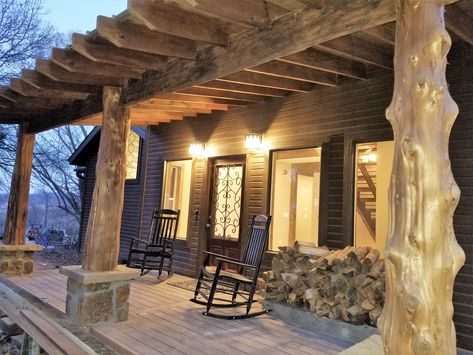 Front porch with cedar tree posts from our cedar forest.  -Our Missouri Bohemian Cabin Raw Cedar Posts Front Porch, Log Porch Posts, Rough Cedar Posts Front Porch, Cedar Posts Front Porch, Cedar Front Porch, Bohemian Cabin, Small Rustic House, Front Porch Addition, Cabin Porch