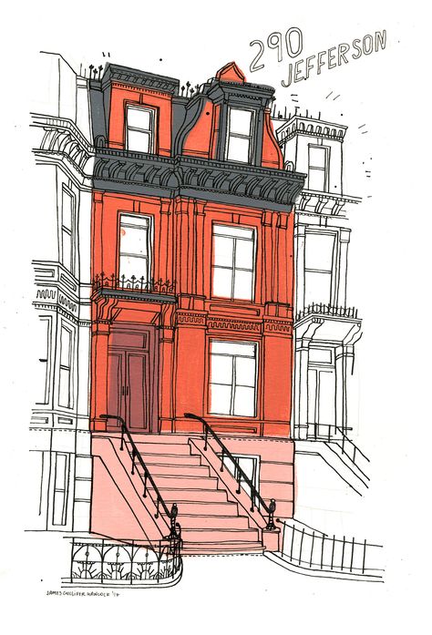 Brooklyn Illustration, Places Illustration, Destination Poster, Pikes Place, New York Drawing, Everyday Scenes, Row Houses, Building Drawing, Building Illustration