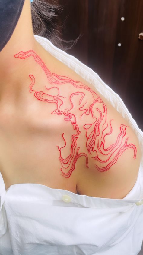 Tattoo Ideas Female Lightning, Red Wave Tattoo, Red Watercolor Tattoo, Fire Circle Tattoo, Red Line Work Tattoo, Red Cloud Tattoo, Red Lines Tattoo, Red Lightning Tattoo, Red Abstract Tattoo