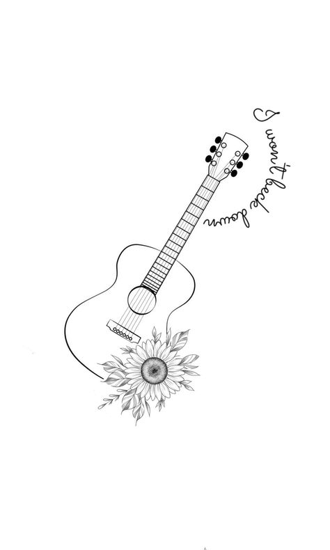 Teardrops On My Guitar Tattoo, Guitar Remembrance Tattoo, Guitar Butterfly Tattoo, Sunflower Guitar Tattoo, Acoustic Guitar Tattoo Ideas, Guitar Tattoo With Flowers, Guitar And Flowers Tattoo, Gutair Tattoos Ideas, Small Guitar Tattoo