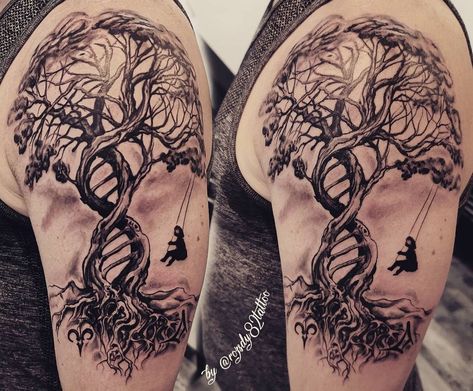 Dna Family Tree Tattoo, Tree Of Life Dna Tattoo, Dna Tree Tattoo, Est. Tattoo, Chest And Back Tattoo, Yggdrasil Tattoo, Dna Tree, Roots Tattoo, Flowers Tattoos