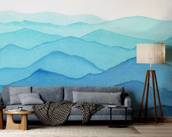 Abstract mountain mural | Etsy Watercolor Waves, Watercolor Wave, Watercolor Paper Texture, Photo Mural, Waves Wallpaper, Mountain Wallpaper, Blue Mountains, Wallpaper Murals, Watercolor Walls